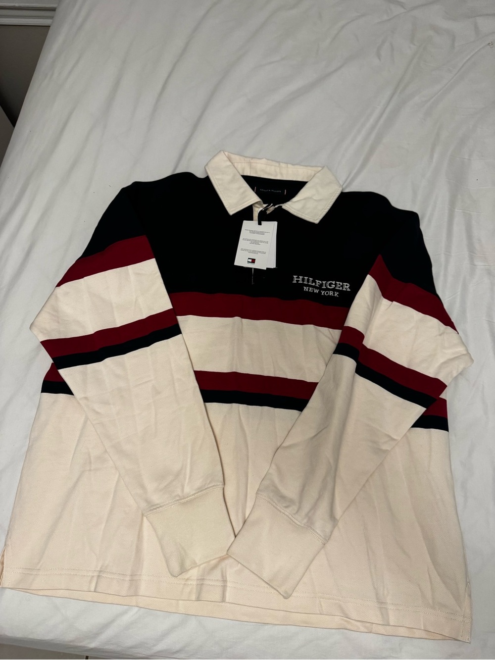 Tommy Hilfiger Men’s Striped Rugby Polo Shirt - Black, Cream & Red